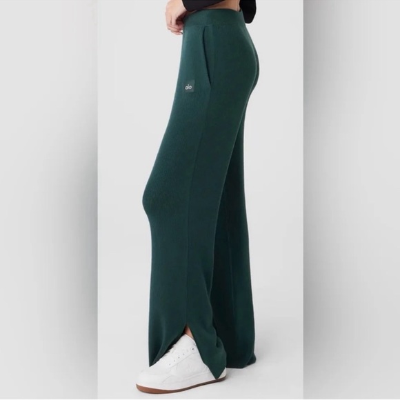 Alo Yoga Knit High Waist Salana Wide Leg Pants Midnight Green - Picture 1 of 6